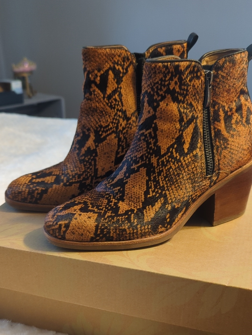 Sofft Tan and Black Snake-Print Ankle Booties
